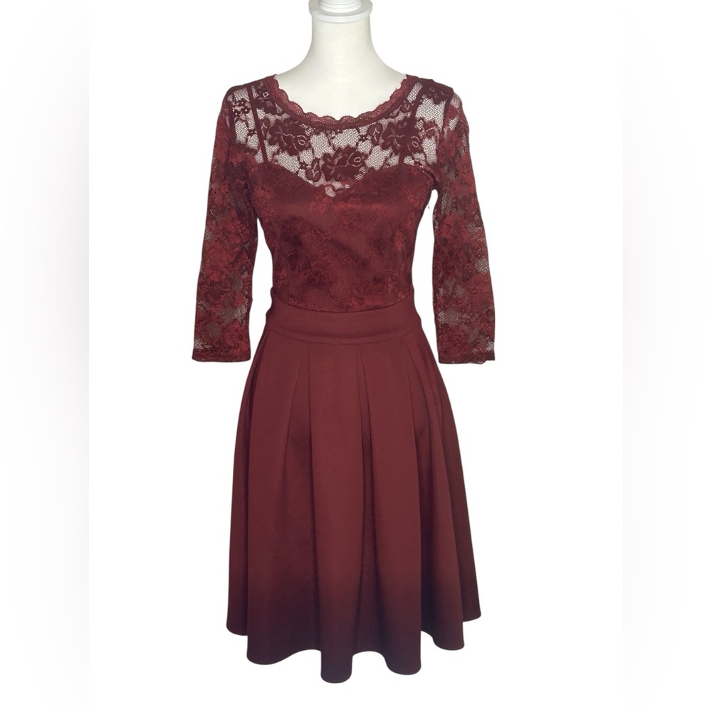 Miusol Women’s Vintage EUC Lace Top Dress SZ S Wine A-line skirt Cocktail Party